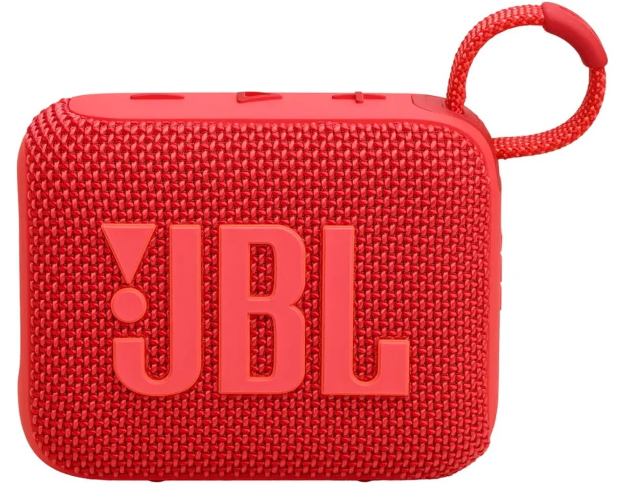 Close-up of a red JBL Go 2 portable Bluetooth speaker showcasing its design and features.