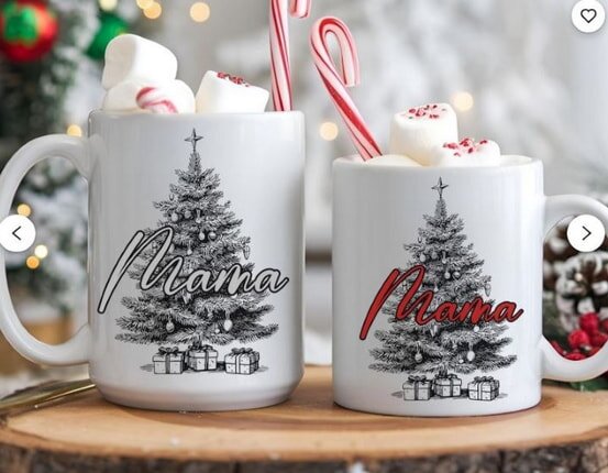 Two Christmas tree coffee mugs labeled "Mama" in festive colors, perfect for holiday gifting or cozy winter drinks.  