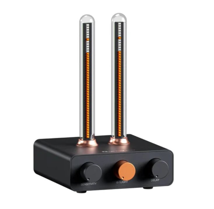 Modern black audio device with two vertical LED bars and three control knobs labeled "Sensitivity," "Light," and "Delay." Sleek and futuristic design.