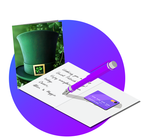 Two customized greeting cards. One opened with text and a gift card inside. 