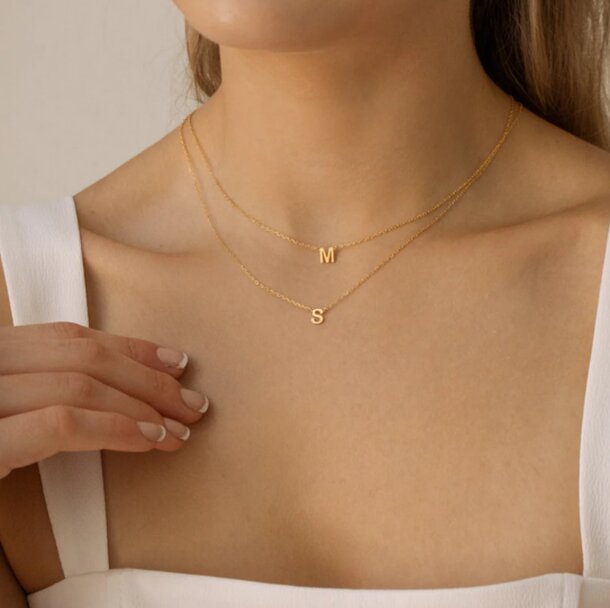 A gold initial necklace elegantly displayed on a woman's neck, highlighting its delicate design and personal touch.