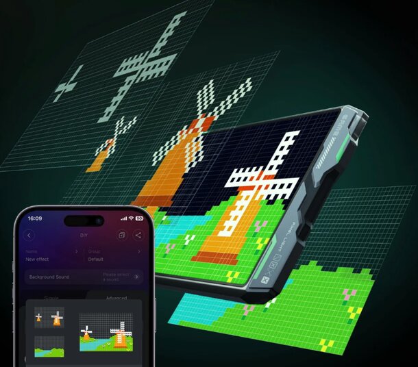 A smartphone displaying a colorful pixel art game on its screen, showcasing retro-style graphics and characters.