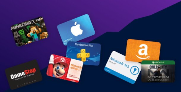 A collection of various gift cards displayed on a vibrant purple background.