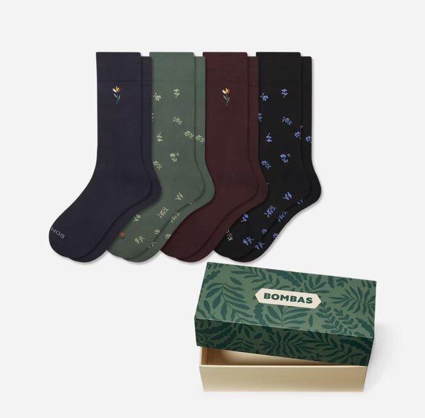 A box containing five pairs of socks featuring a green and blue design.