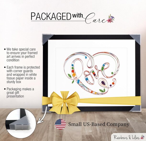 A framed picture displaying the phrase "Packaged with Care" in elegant typography.