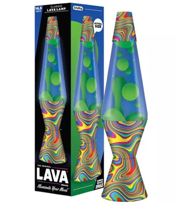 Colorful lava lamp with swirling rainbow base and green wax in blue liquid. The packaging shows the same lamp design with a bold, vibrant style.