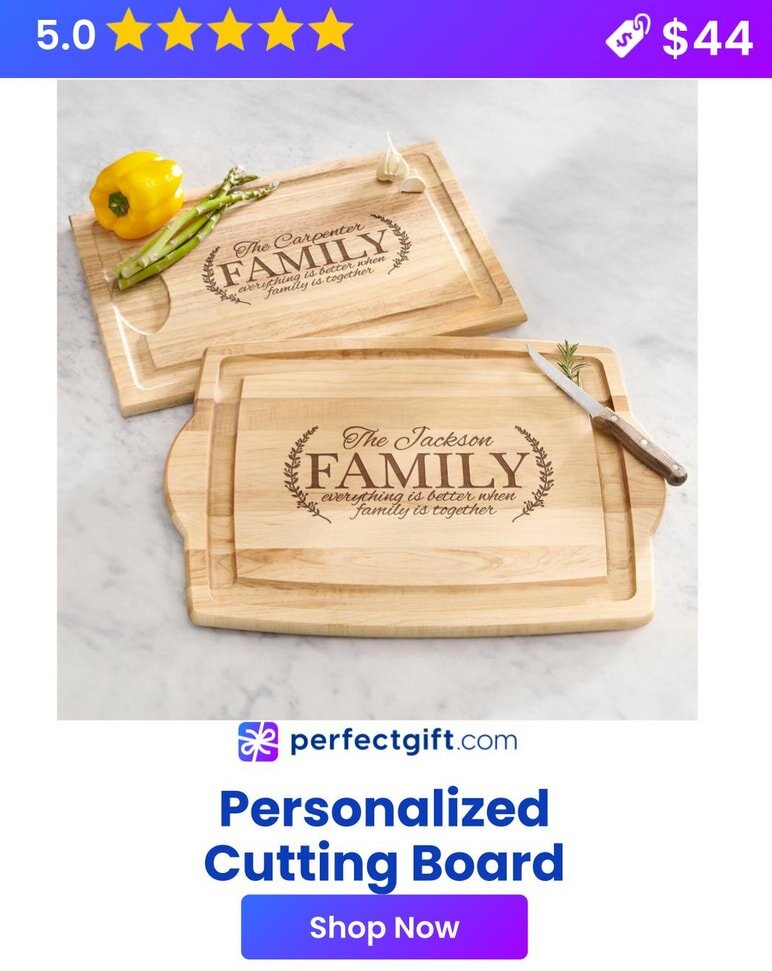 Personalized cutting boards with family names, surrounded by vegetables and a knife, rated 5 stars, priced at $44.