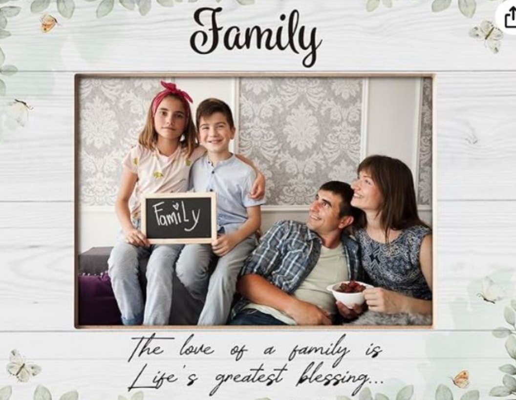 A decorative family photo frame displaying a happy family portrait with a warm, inviting background. 