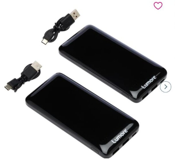 Two black power banks featuring a heart-shaped logo, positioned side by side on a neutral background.