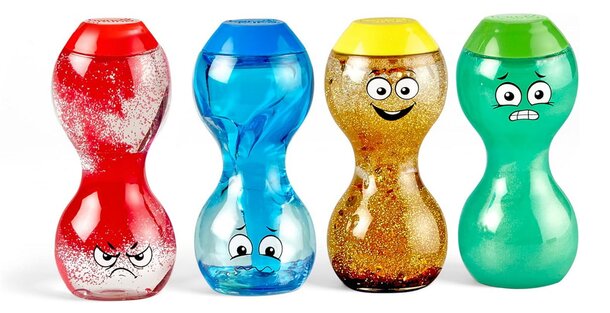 Three vibrant plastic bottles featuring playful cartoon faces, arranged together on a neutral background.