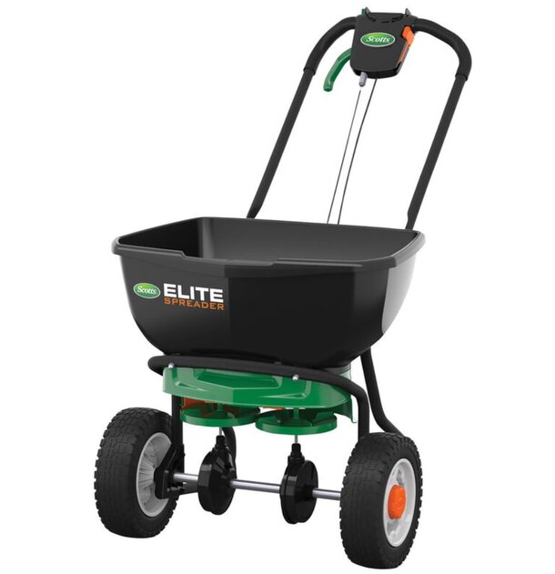 Elite electric spreader with wheels, designed for efficient and even distribution of materials in landscaping and gardening.