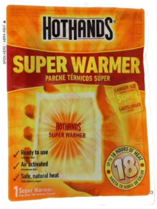 Hot Hands Super Warmers packaged for outdoor use, designed to provide instant warmth in cold weather conditions.