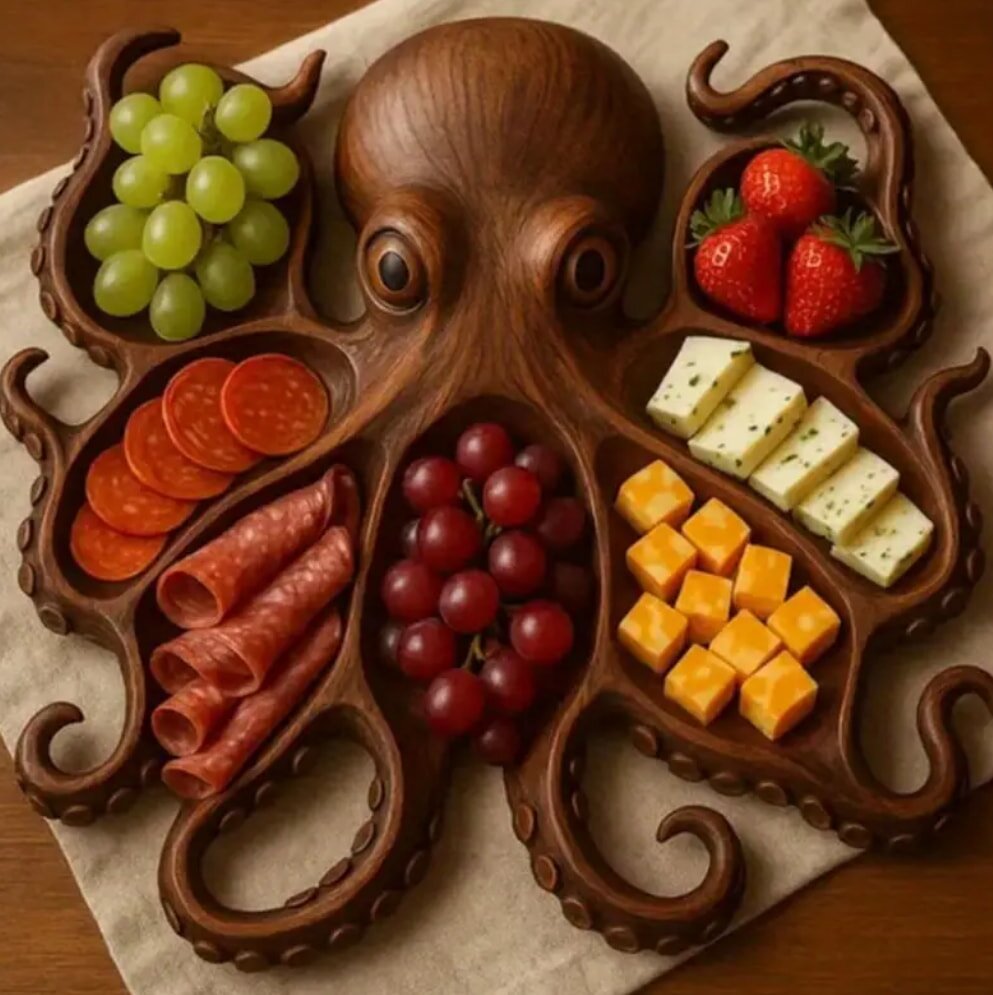 Wooden octopus-shaped platter with grapes, strawberries, cheese cubes, pepperoni, and salami. Playful and artistic food presentation.