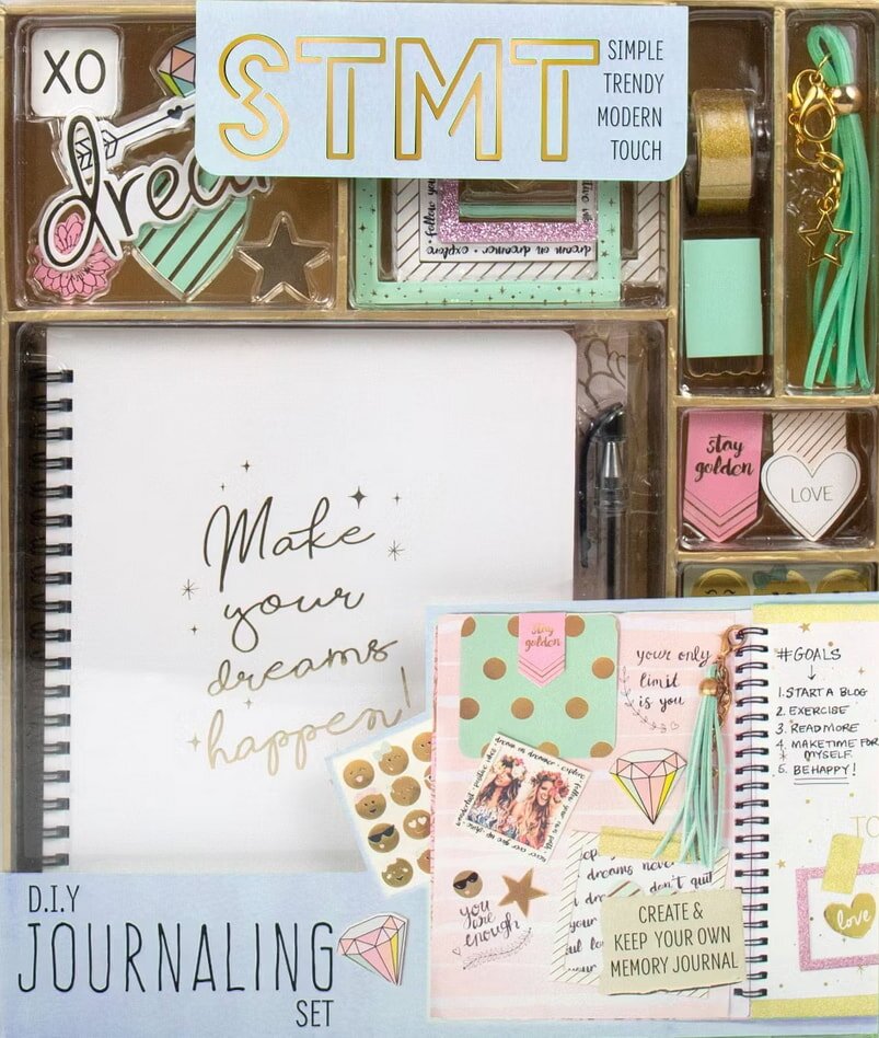 DIY journaling set featuring a notebook, pen, and various creative accessories for personalized journaling experiences.