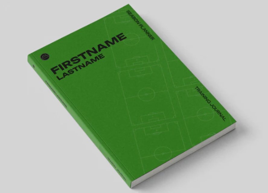 Green season planner and training journal with faint soccer field lines. Bold text reads "FIRSTNAME LASTNAME" on the cover, conveying an organized theme.