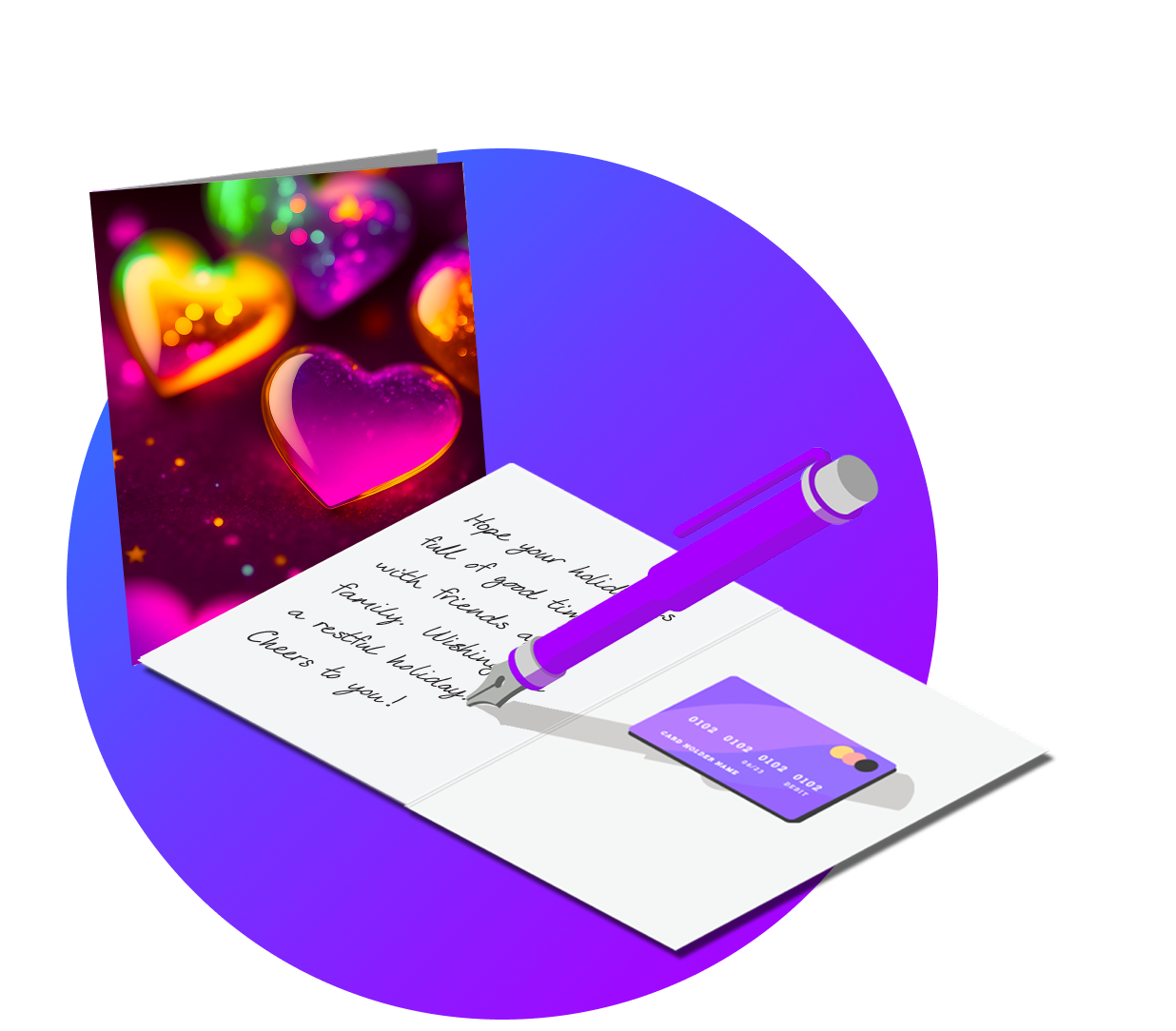 Two customized greeting cards. One opened with text and a gift card inside. 