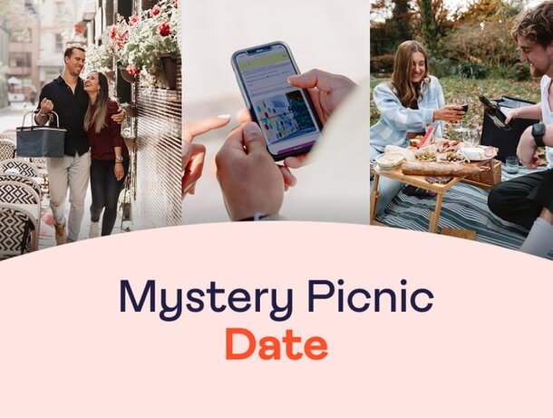 A cozy picnic scene featuring a blanket, basket, and hidden treats, set in a picturesque outdoor location for a date.