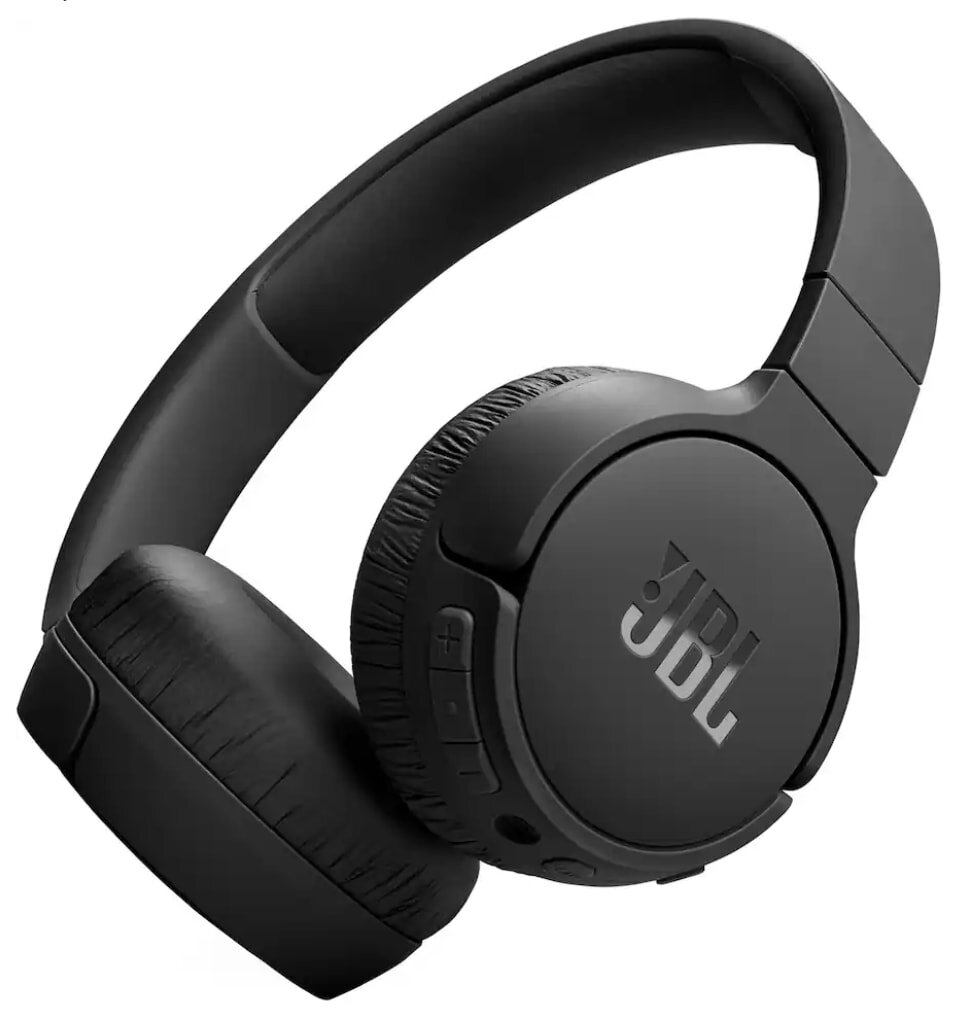 Black over-ear headphones with the JBL logo on the ear cups. Features include plush ear cushions and control buttons, conveying a sleek, modern aesthetic.