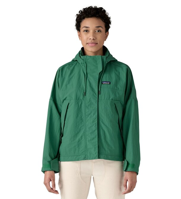 Lightweight Patagonia women's rain jacket in a vibrant color, designed for outdoor activities and weather protection.