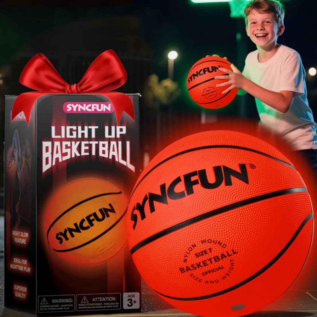 A young boy smiles while holding a glowing basketball, showcasing his excitement for the game.