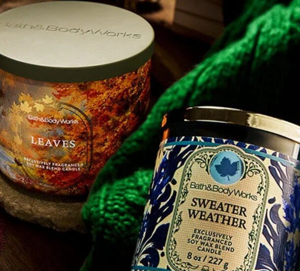 Bath & Body Works fall collection featuring seasonal scents and themed packaging in warm autumn colors.