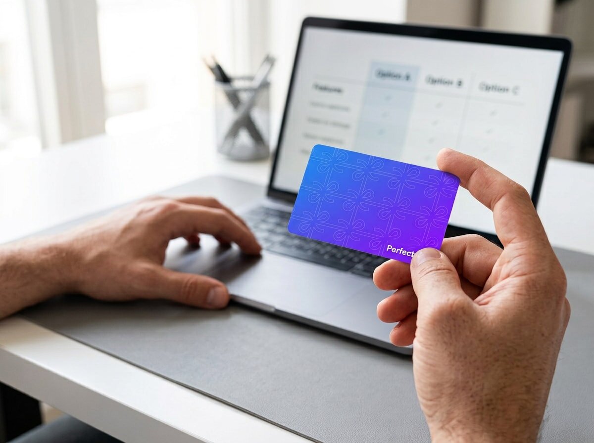 A PerfectGift gift card resting on a desk next to an open laptop, representing a business reviewing where to buy gift cards