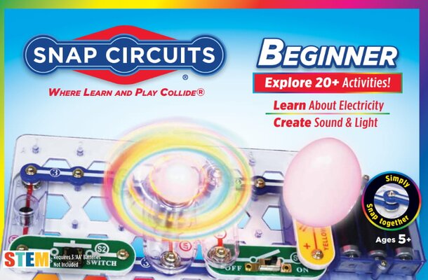 A colorful snap circuits kit for beginners, featuring various electronic components and a user-friendly instruction manual.