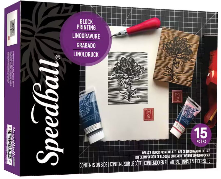 Speedball block printing kit featuring tools and materials for creating custom prints and designs.