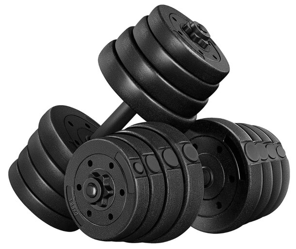 A pair of black dumbbells resting on a clean white background.