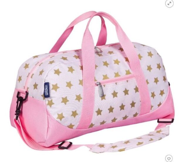 A pink duffel bag adorned with gold stars, showcasing a stylish and playful design.
