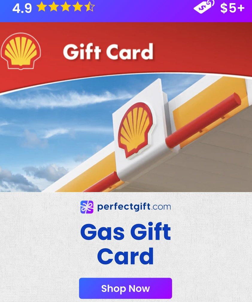 A gas gift card featuring a design with fuel pump graphics and a balance amount displayed prominently.  