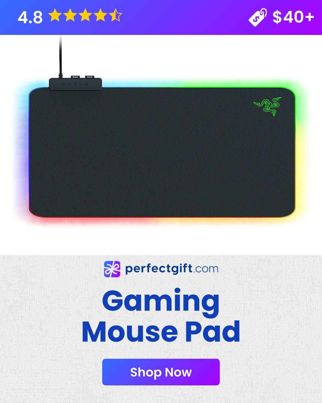 Gaming mouse pad with glowing edges, rated 4.8 stars, priced $40+. PerfectGift.com offers a "Shop Now" button.