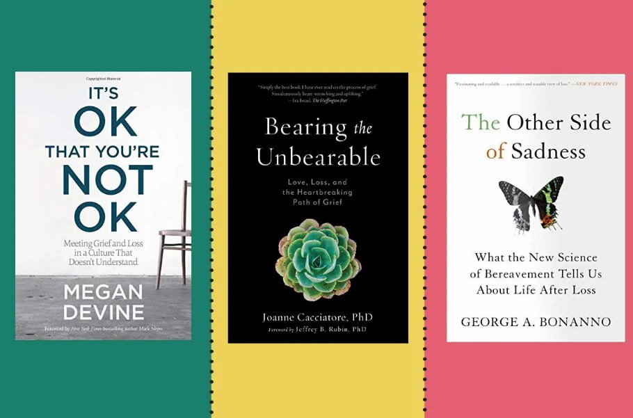 Book covers displayed: "It's OK That You're Not OK" on a teal background, "Bearing the Unbearable" on a yellow, and "The Other Side of Sadness" on a pink backdrop. Themes of grief and healing.