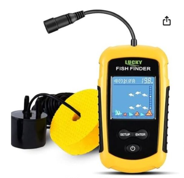 Fish finder device displaying a screen with fish icons, indicating the presence of fish underwater.