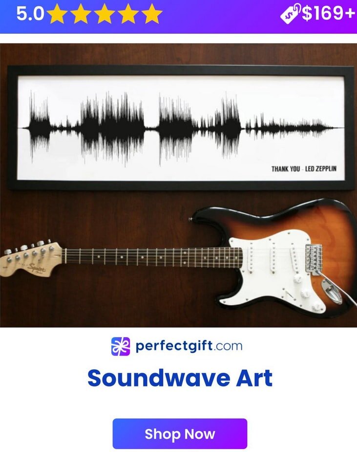 Soundwave art of "Thank You" by Led Zeppelin above a guitar, rated 5 stars, priced $169+ on perfectgift.com. Shop now.