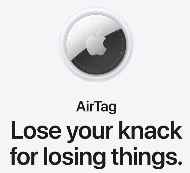 AirTag device with the slogan "Lose your knack for losing things," emphasizing its tracking capabilities.