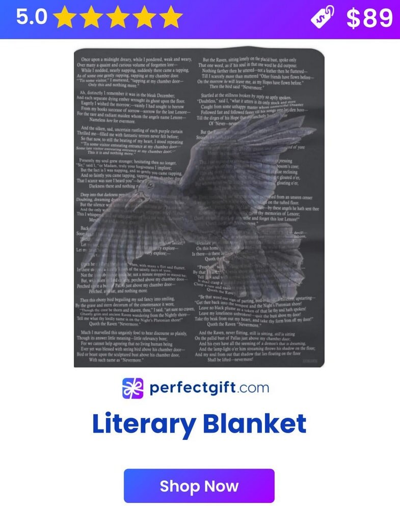 A cozy blanket featuring a literary design, showcasing quotes and images related to famous books and authors.