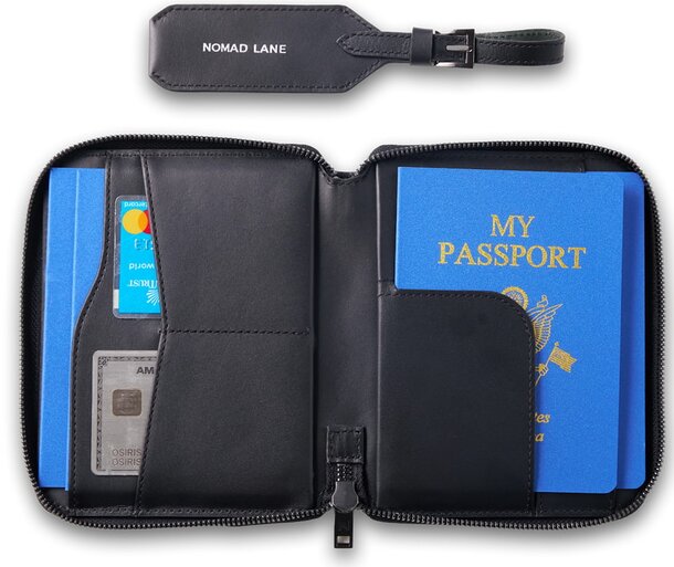 Nordic lake-themed passport case featuring serene water and forest imagery, ideal for travel enthusiasts.  