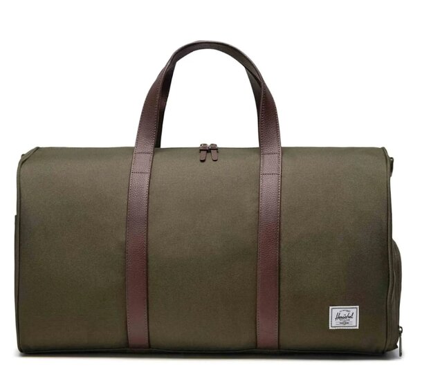 Olive green Herschel Supply Co. duffel bag with a sturdy handle and adjustable shoulder strap, ideal for travel or gym use.