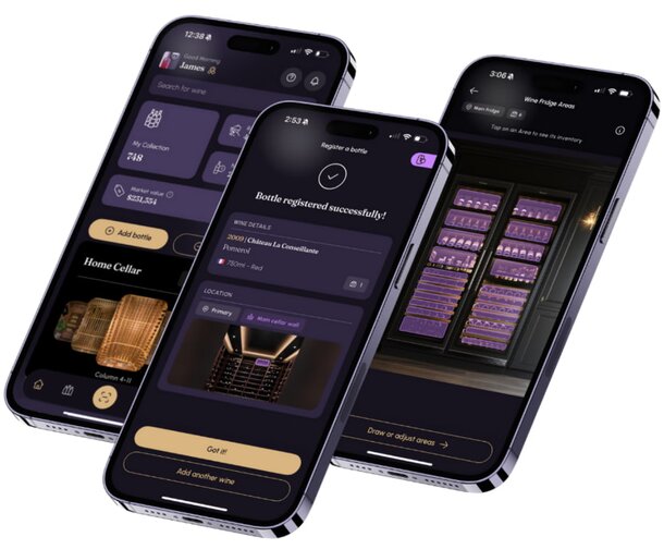 Three smartphones displaying the same app interface on their screens, arranged side by side.