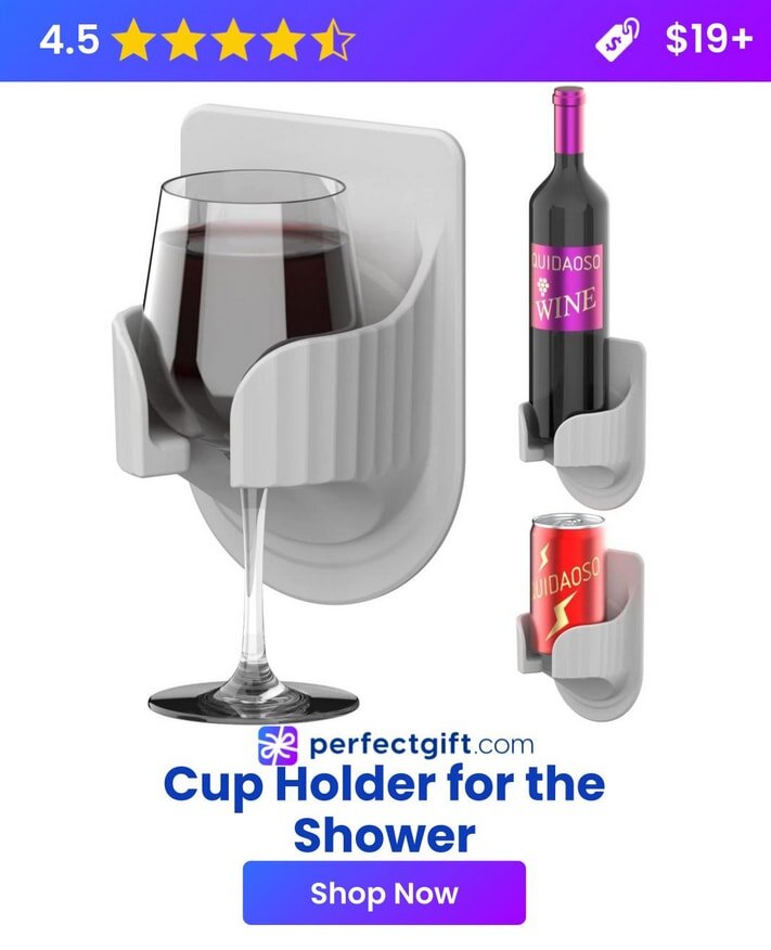 Wall-mounted cup holder for shower, holding wine glass, bottle, and can.