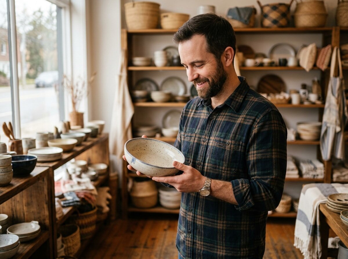 A man choosing a thoughtful, personal wedding gift at a small home-goods shop