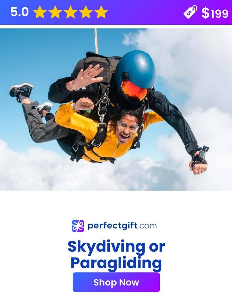 Tandem skydiving adventure with a smiling woman in a yellow suit, blue sky backdrop. Perfect gift experience, $199.