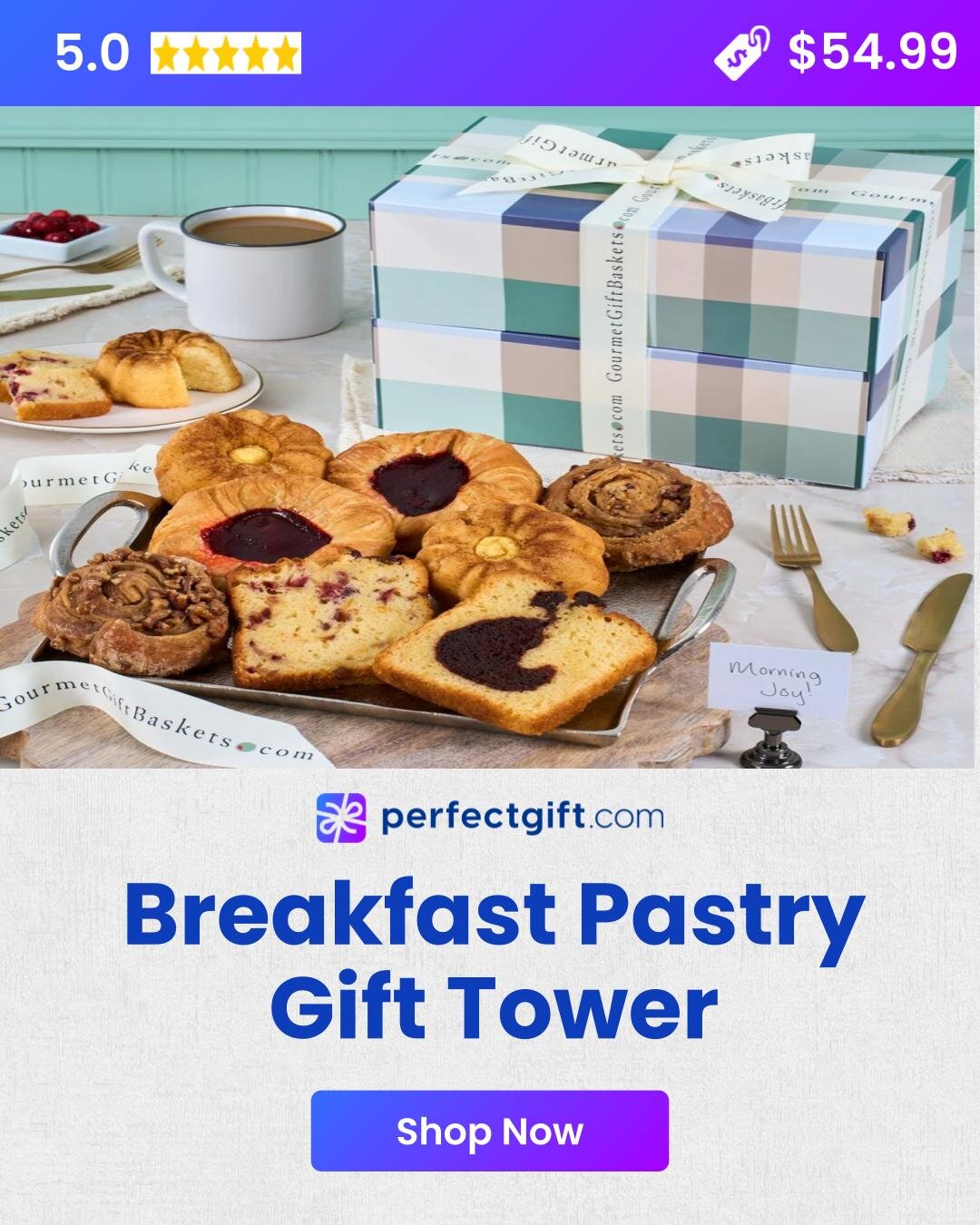 A beautifully arranged gift tower featuring an assortment of breakfast pastries, perfect for gifting.