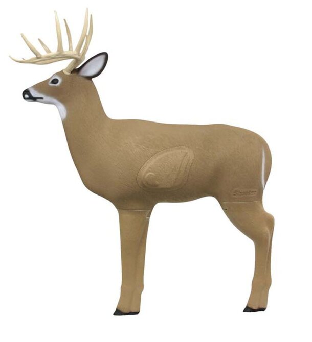 A deer with antlers stands prominently against a plain white background.