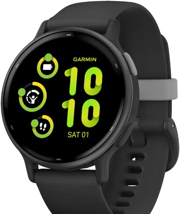 Smartwatch with a black band and round face, displaying vibrant yellow and green digital time "10:10" with icons for battery, connectivity, and date.