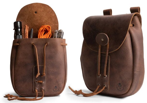 Vintage brown leather pouch with flap closure, laced drawstrings, and logo. Left pouch holds a flashlight, knife, and rope, showing rugged utility.