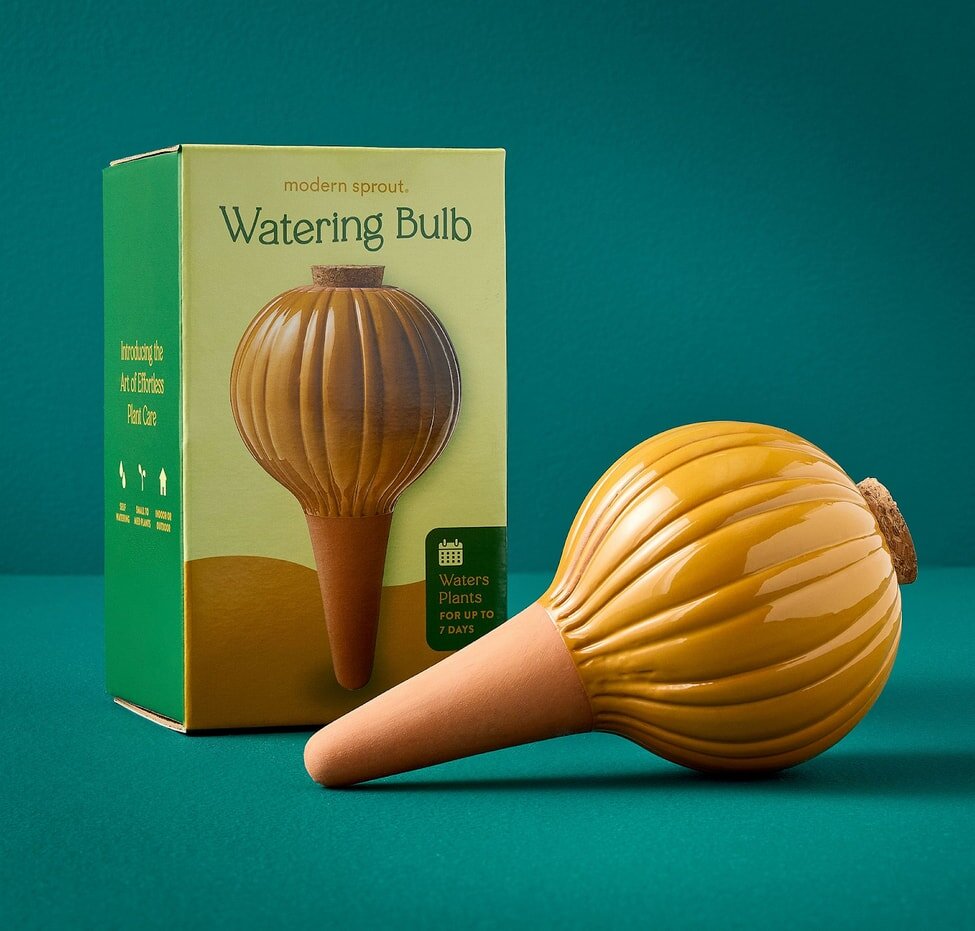 A water bottle with a yellow lid placed next to a green box on a neutral background.