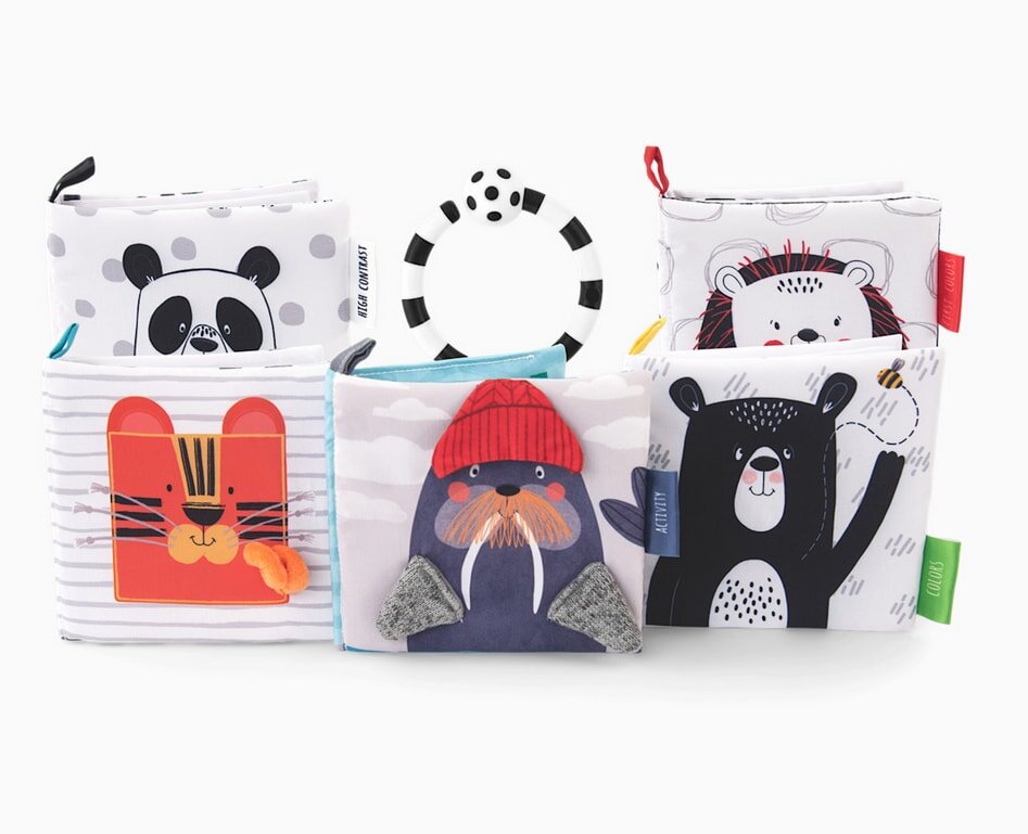 Three baby book covers featuring colorful illustrations of various animals, designed for young children.