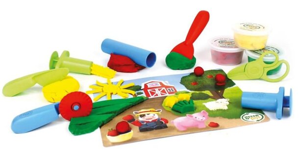 A colorful farm-themed toy set featuring miniature animals and a farm tool for imaginative play.